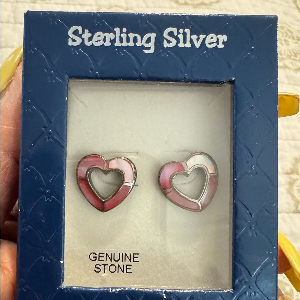 Sterling Silver Pink MOP Heart Earrings